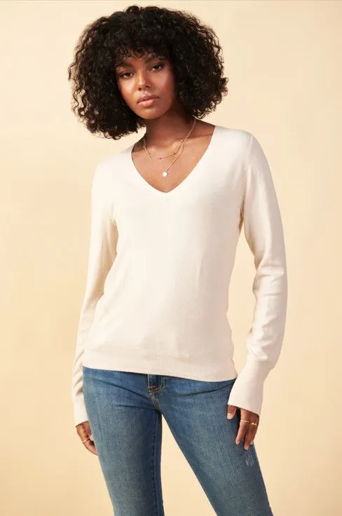 Long Sleeve V Neck Knit Essential Sweater With Cuff Slit