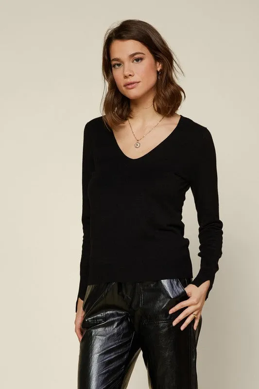 Long Sleeve V Neck Knit Essential Sweater With Cuff Slit