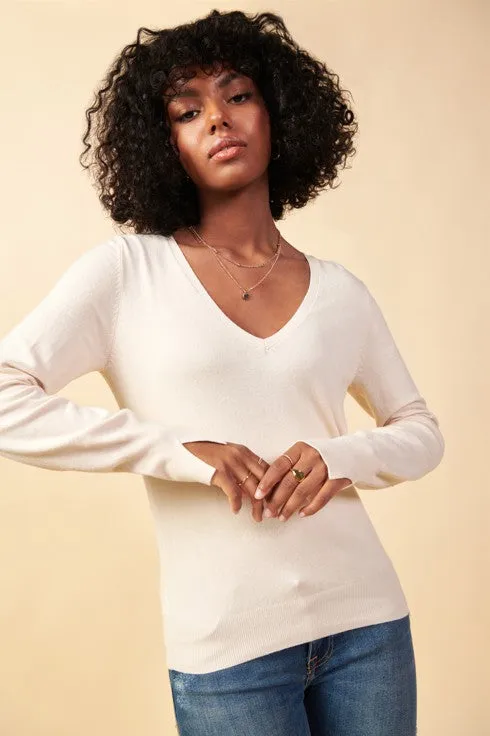 Long Sleeve V Neck Knit Essential Sweater With Cuff Slit