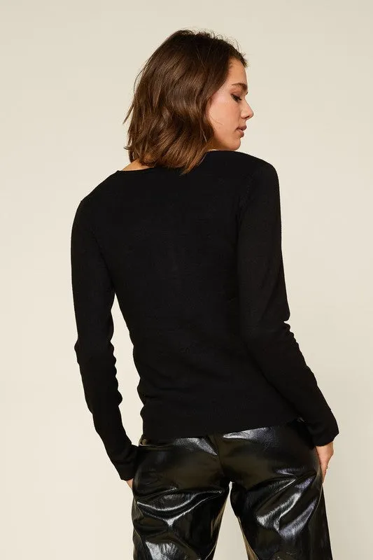 Long Sleeve V Neck Knit Essential Sweater With Cuff Slit