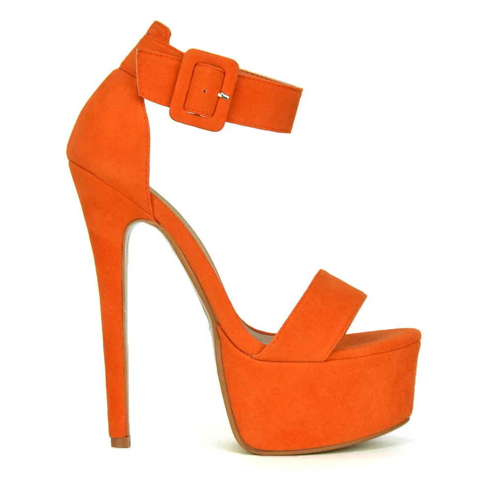 Yasmine Platform Ankle Strap Stiletto High Heel Sandals in Orange Faux Suede