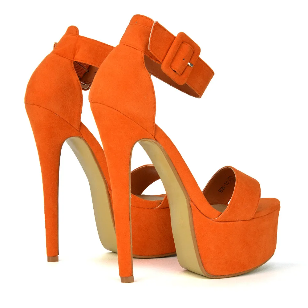 Yasmine Platform Ankle Strap Stiletto High Heel Sandals in Orange Faux Suede
