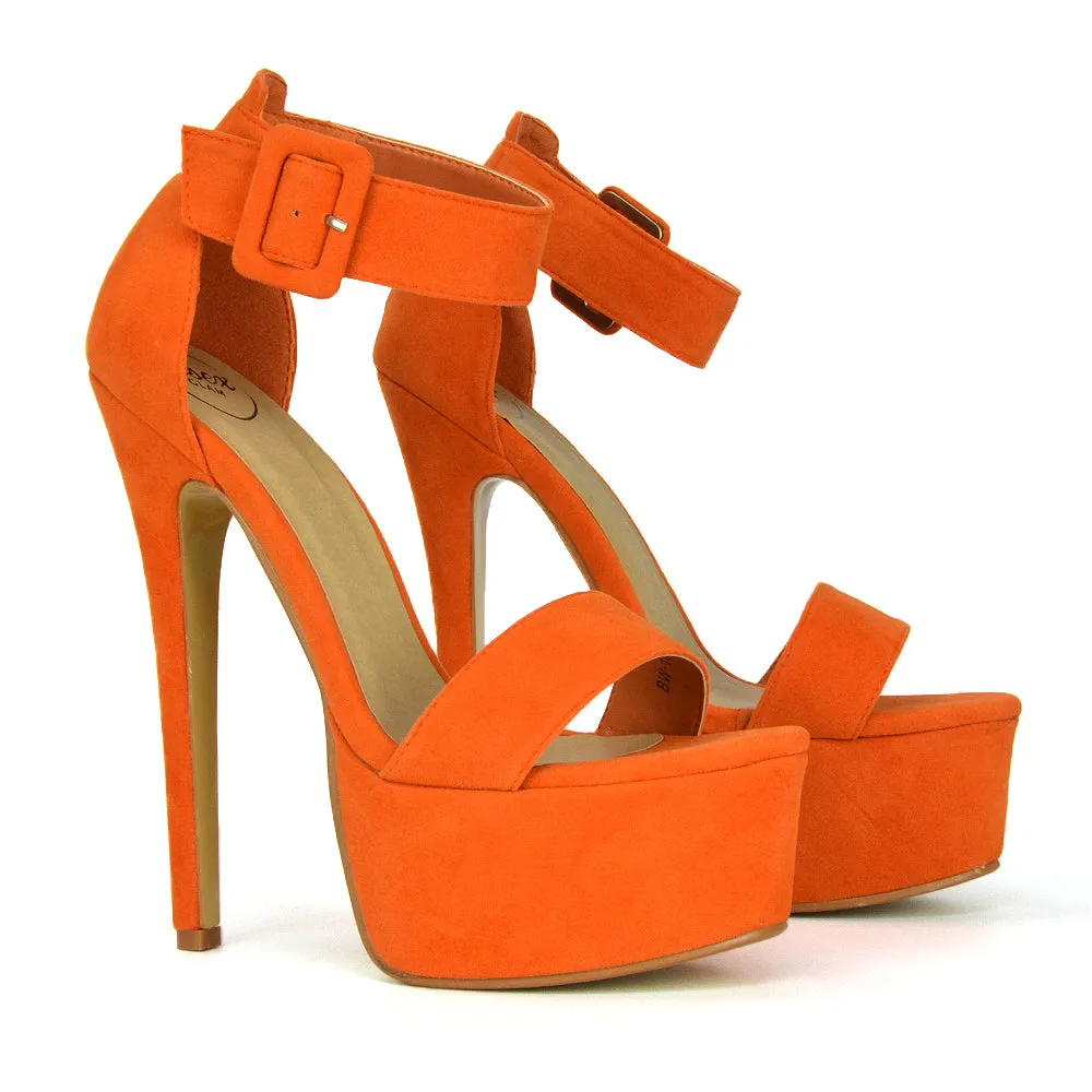 Yasmine Platform Ankle Strap Stiletto High Heel Sandals in Orange Faux Suede